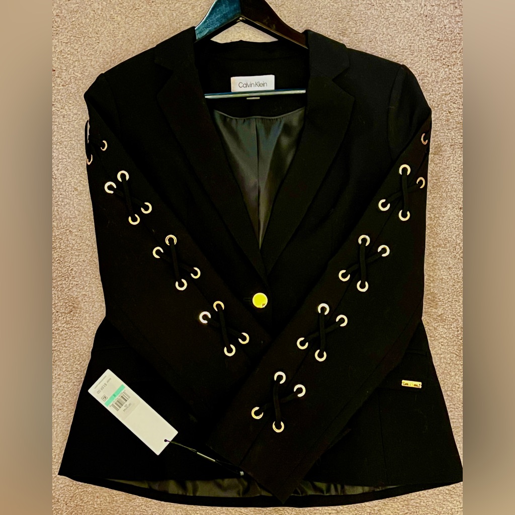 Calvin Klein Wm Sz8 Blazer W/ Gold Accents, Ornate Lace Up Sleeves. New W/ Tags